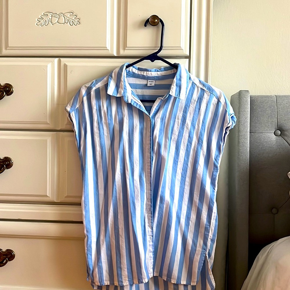 Old Navy Blue/White vertical stripped button up front with cap sleeves.